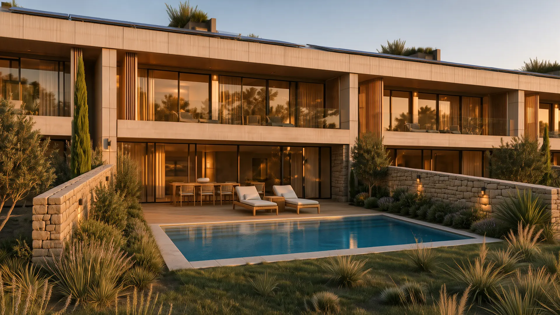 Illustrative pool and terrace at one of the five private residences at dusk