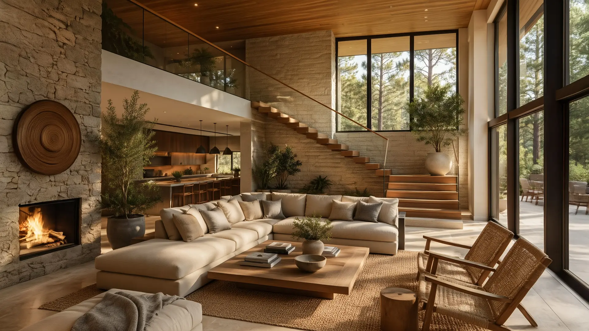 Illustrative interior of one of the five private residences within the unified building, with stone, timber and forest views